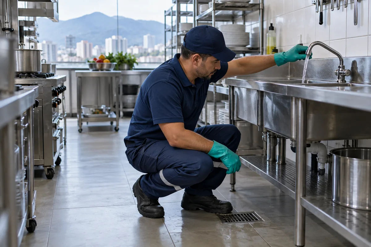 Desentupimento comercial em cozinha de restaurante