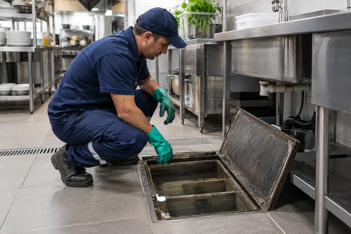 Desentupimento de caixa de gordura em cozinha comercial