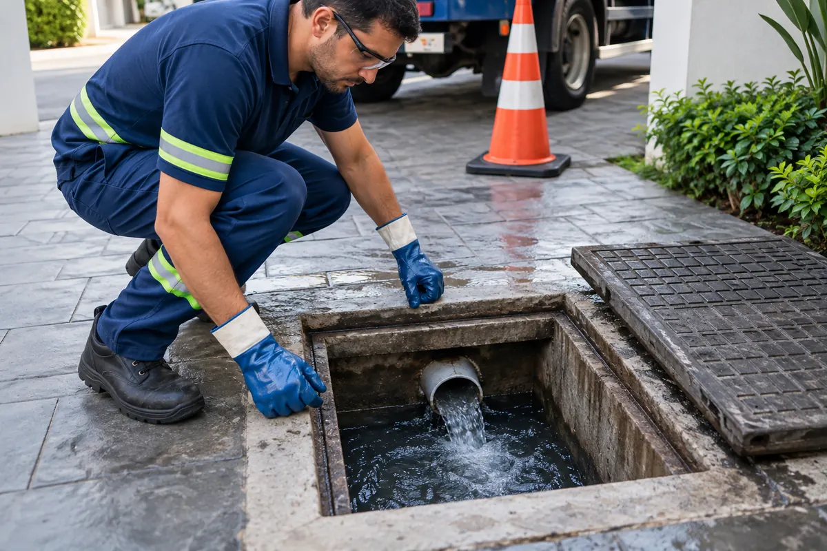 Fluxo restabelecido em caixa de inspeção de esgoto