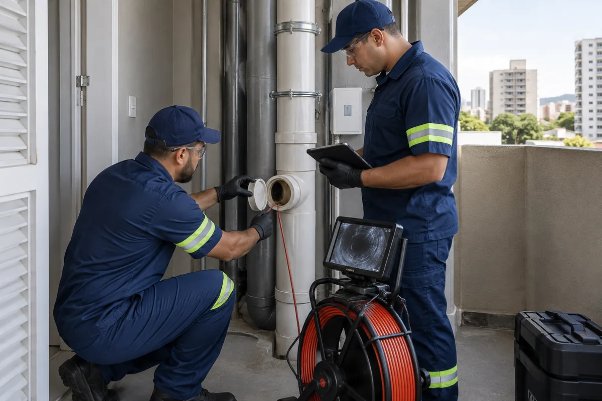Equipe realizando manutenção em coluna de condomínio