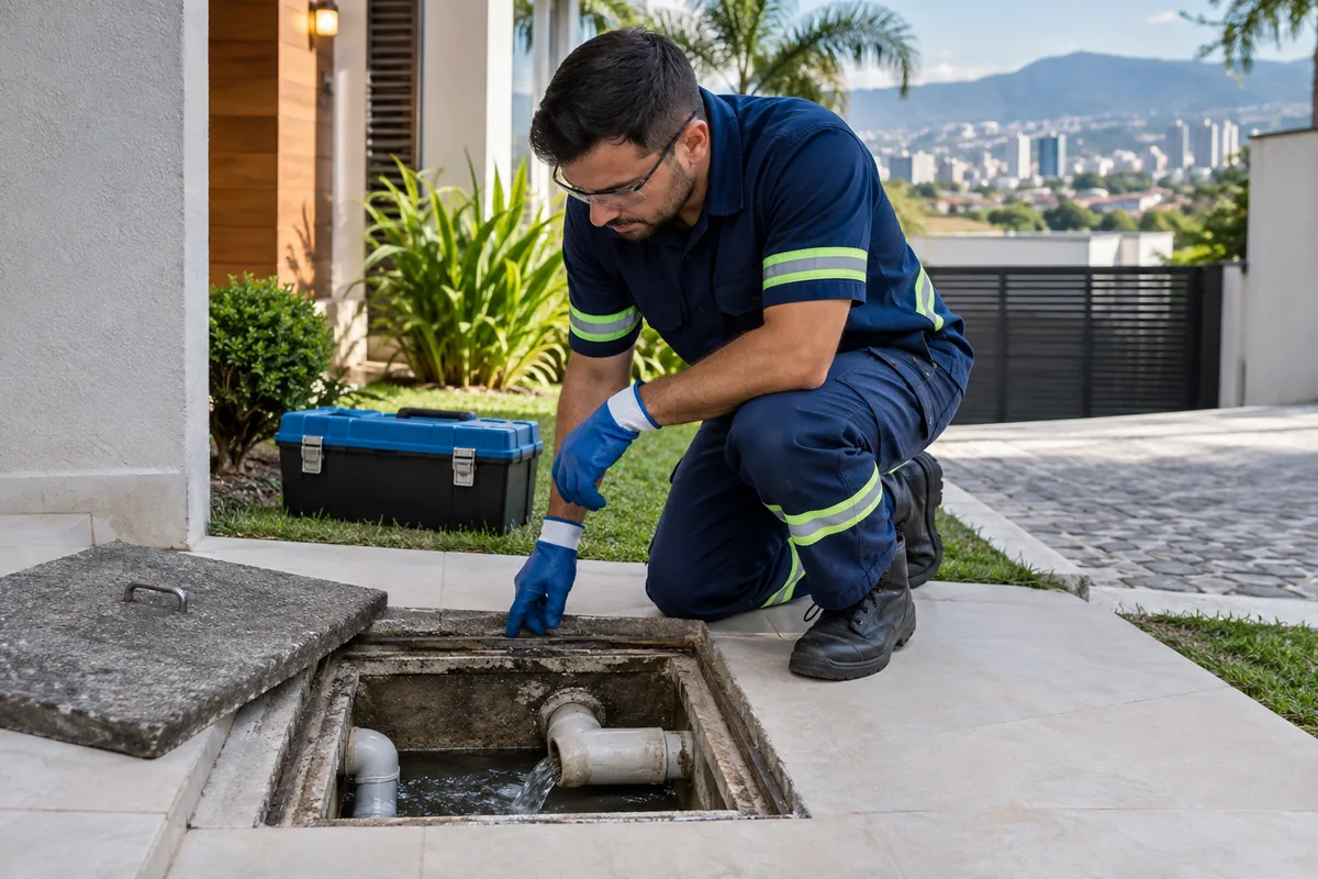 Caixa de inspeção com fluxo normal após desentupimento de esgoto
