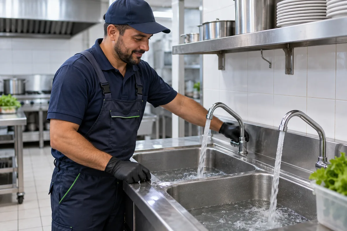 Pia de cozinha comercial funcionando após desentupimento