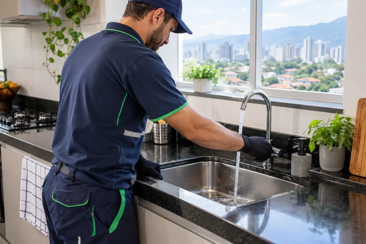 Técnico verificando pia desentupida em cozinha residencial em São José dos Campos
