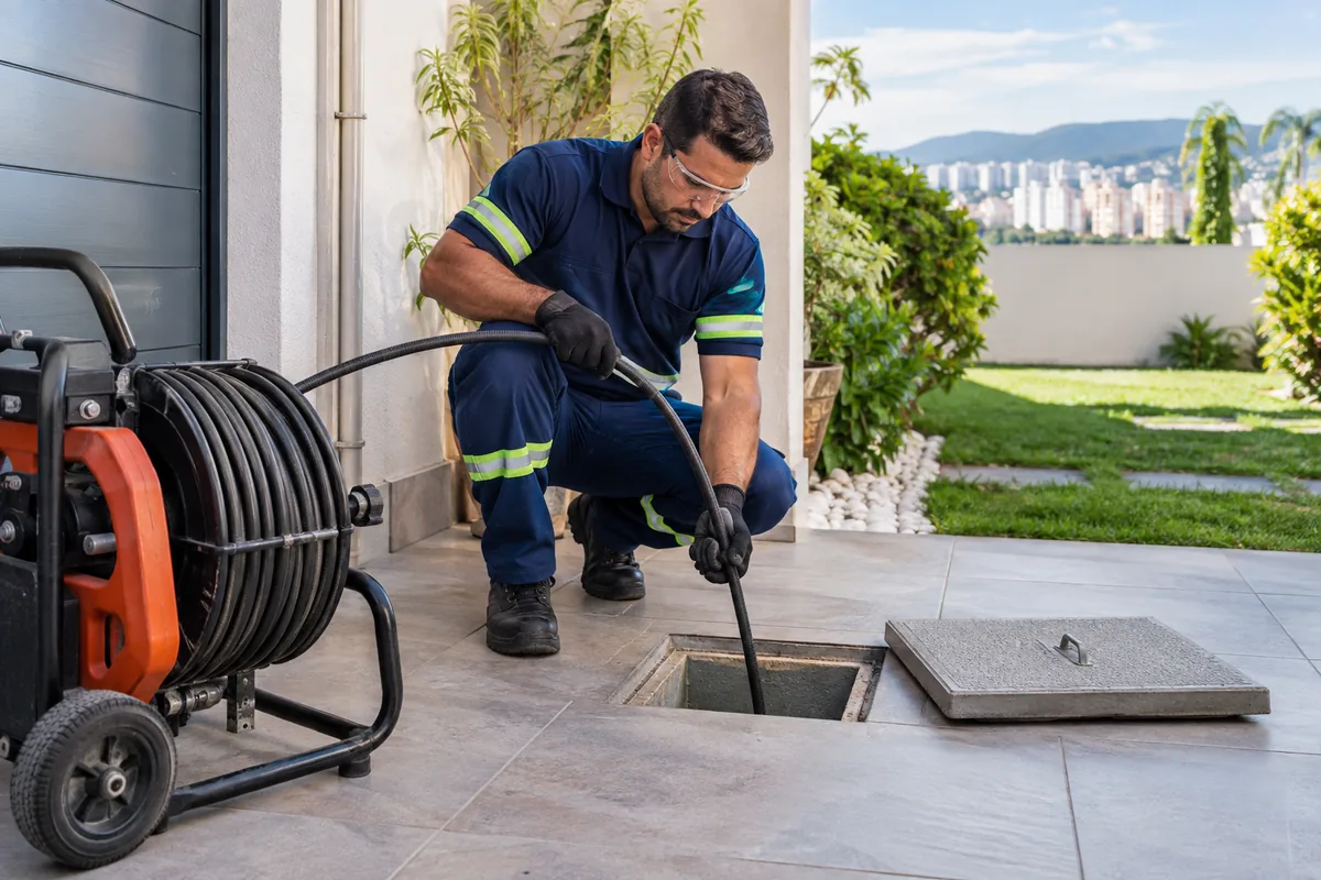 Técnico realizando desentupimento de tubulação residencial
