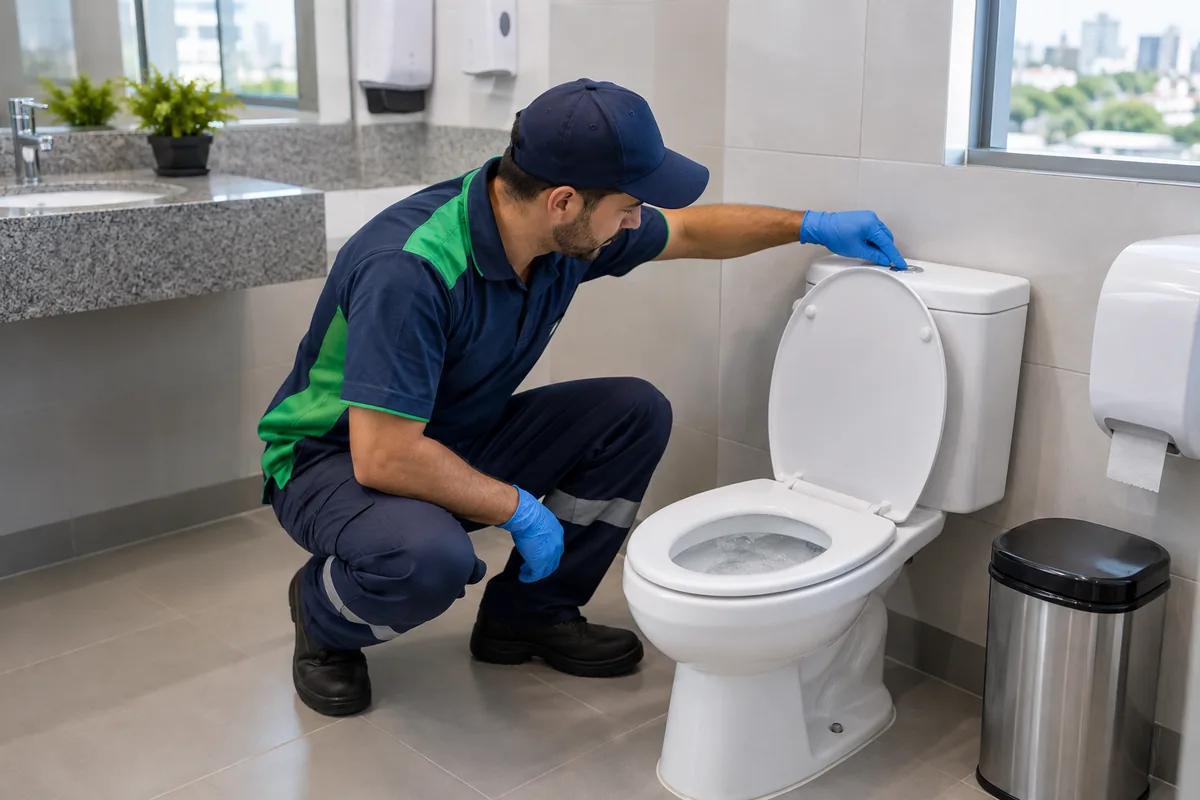 Banheiro comercial após desentupimento de vaso sanitário