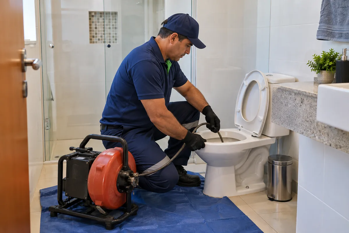 Técnico realizando desentupimento de vaso sanitário com equipamento profissional