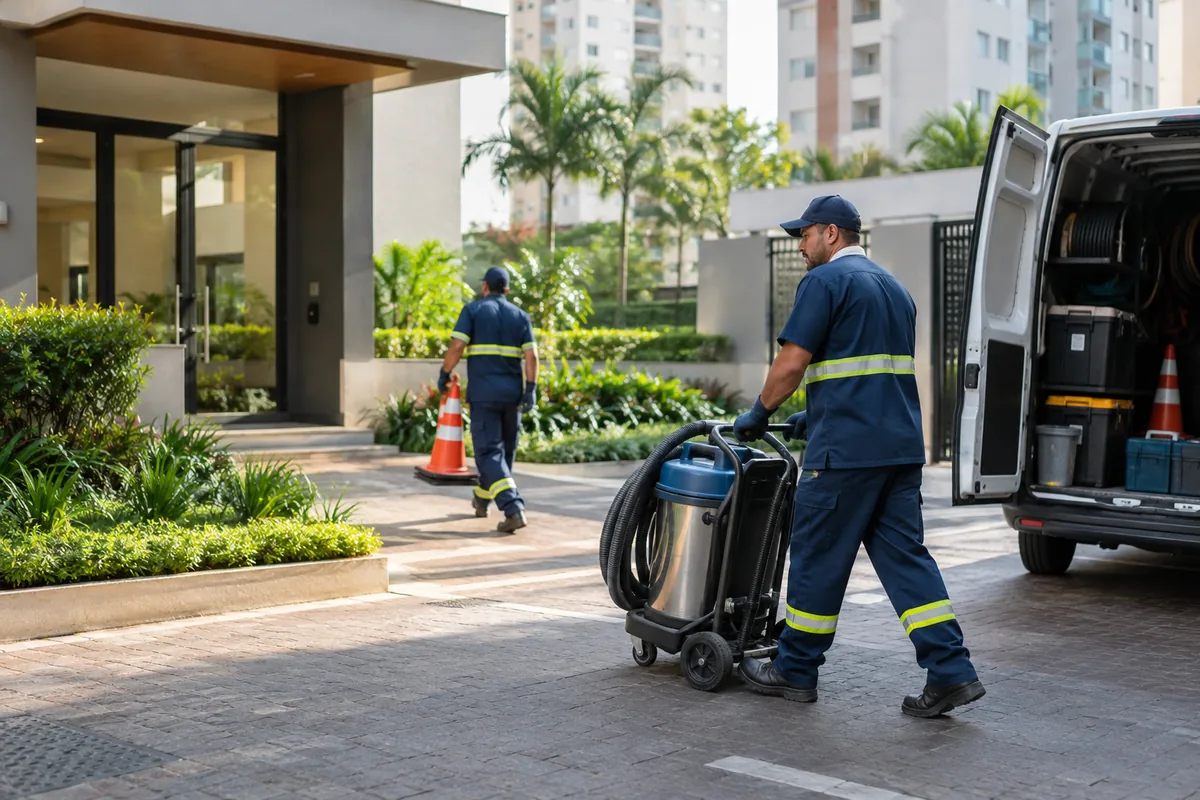 Serviço de desentupimento concluído em condomínio