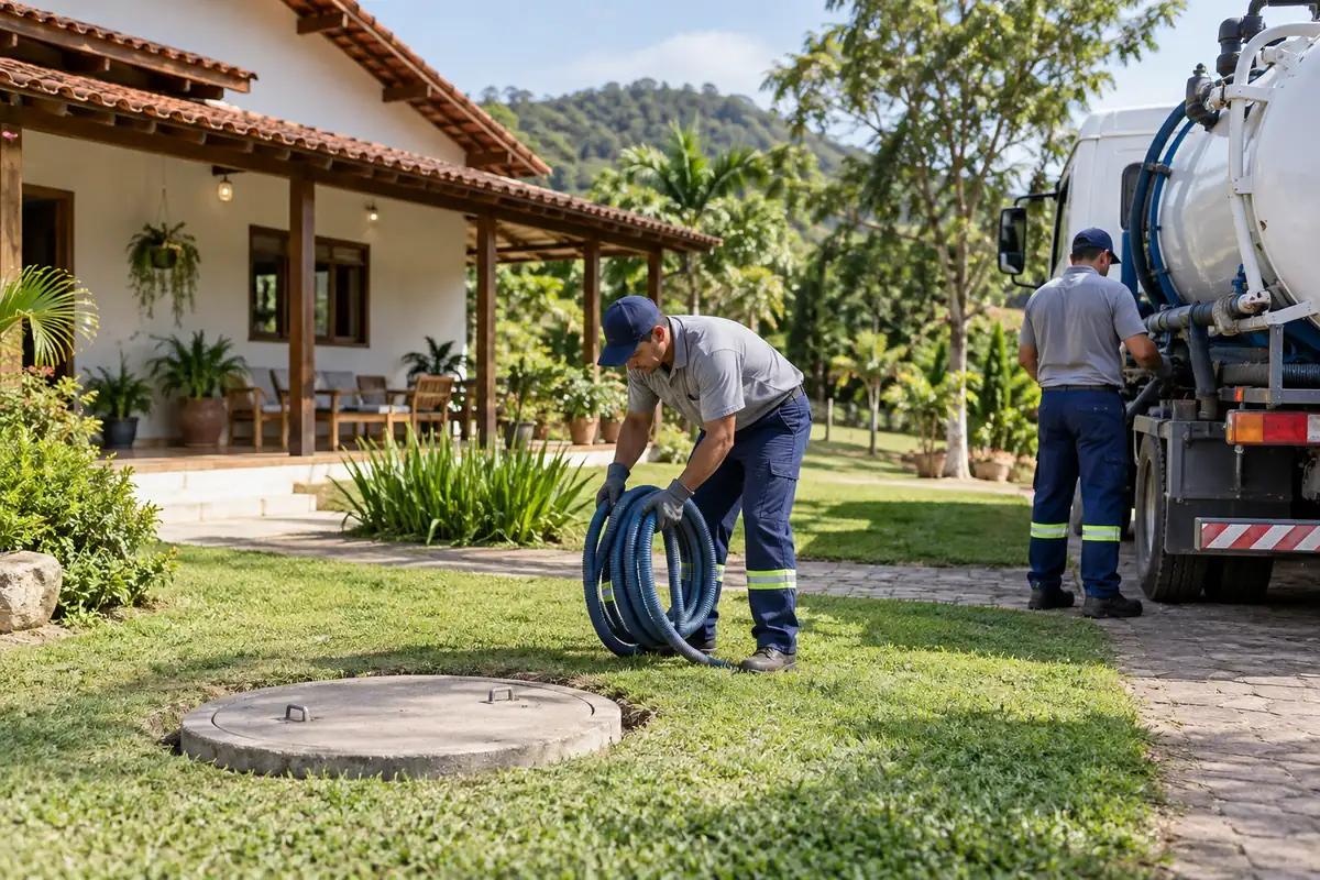 Serviço de limpeza de fossa concluído em propriedade rural